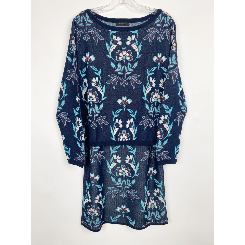 Ann Taylor Floral Jacquard Knit Sweater Skirt 2 Piece Set Womens L Navy NEW